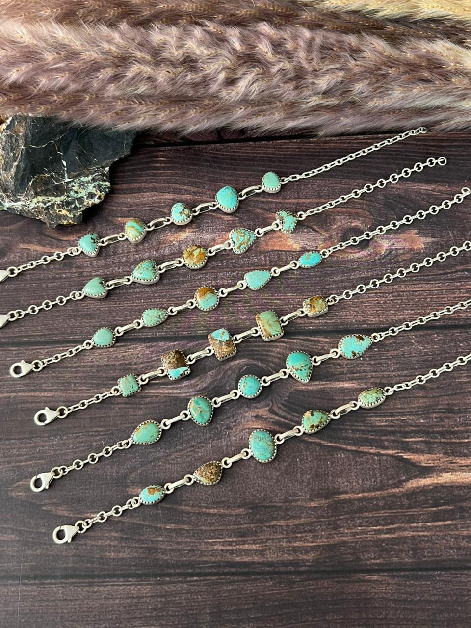 Handmade Sterling Silver Baja Turquoise Collection: Chain Bracelet "Signed Nizhoni"