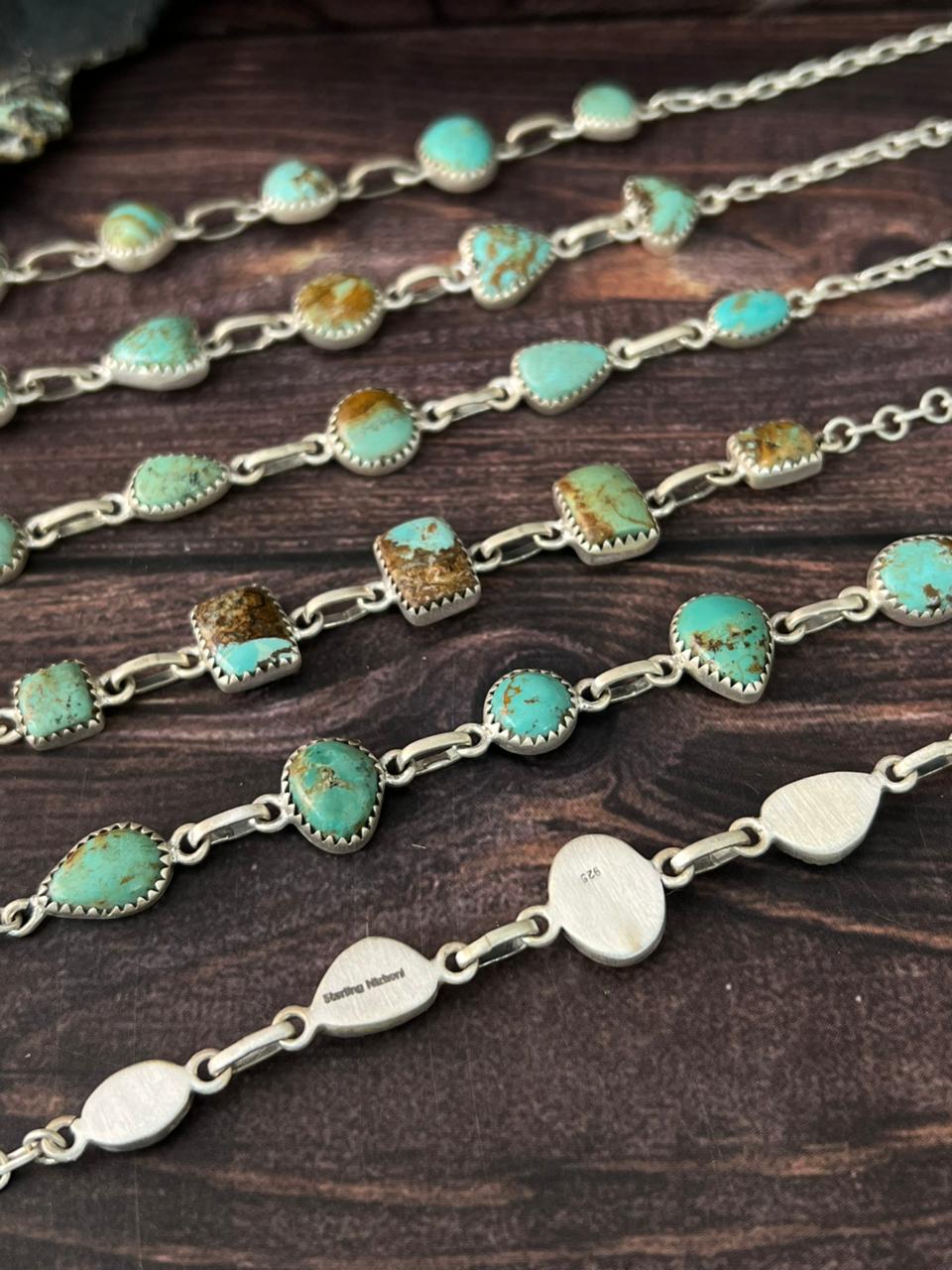 Handmade Sterling Silver Baja Turquoise Collection: Chain Bracelet "Signed Nizhoni"