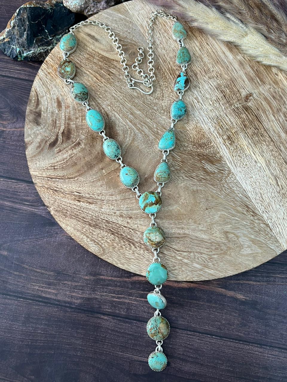Handmade Sterling Silver Baja Turquoise Collection: 'Y Shaped' Necklace "Signed Nizhoni"