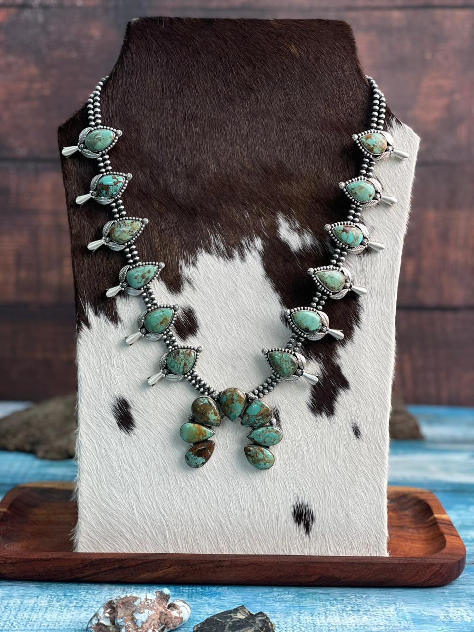Handmade Sterling Silver Baja Turquoise Collection: Beaded Naja Squash Blossom Necklace "Signed Nizhoni"