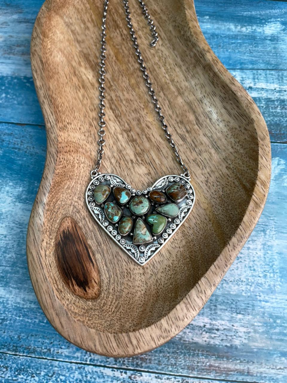 Handmade Sterling Silver Baja Turquoise Collection: Heart Necklace "Signed Nizhoni"
