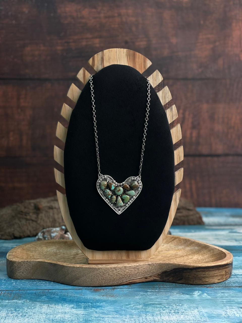 Handmade Sterling Silver Baja Turquoise Collection: Heart Necklace "Signed Nizhoni"