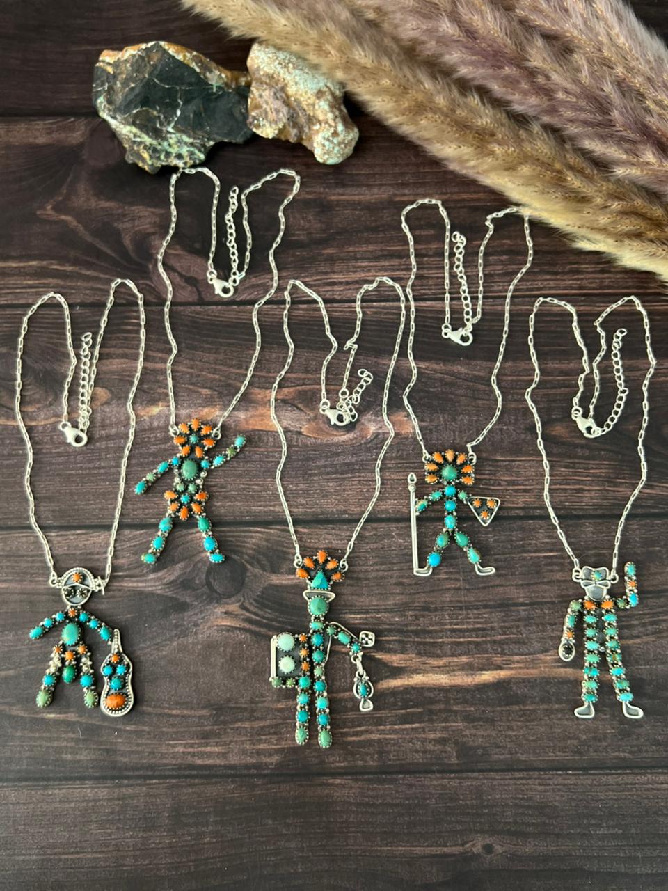 Handmade Sterling Silver Paloma with Kingman Turquoise and Orange Mojave Necklace "Signed Nizhoni"