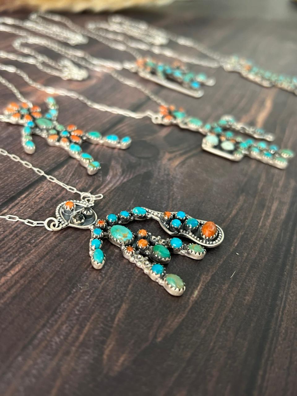 Handmade Sterling Silver Paloma with Kingman Turquoise and Orange Mojave Necklace "Signed Nizhoni"