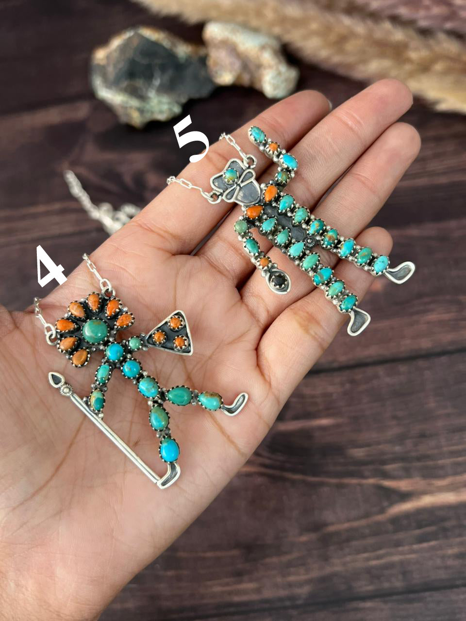 Handmade Sterling Silver Paloma with Kingman Turquoise and Orange Mojave Necklace "Signed Nizhoni"