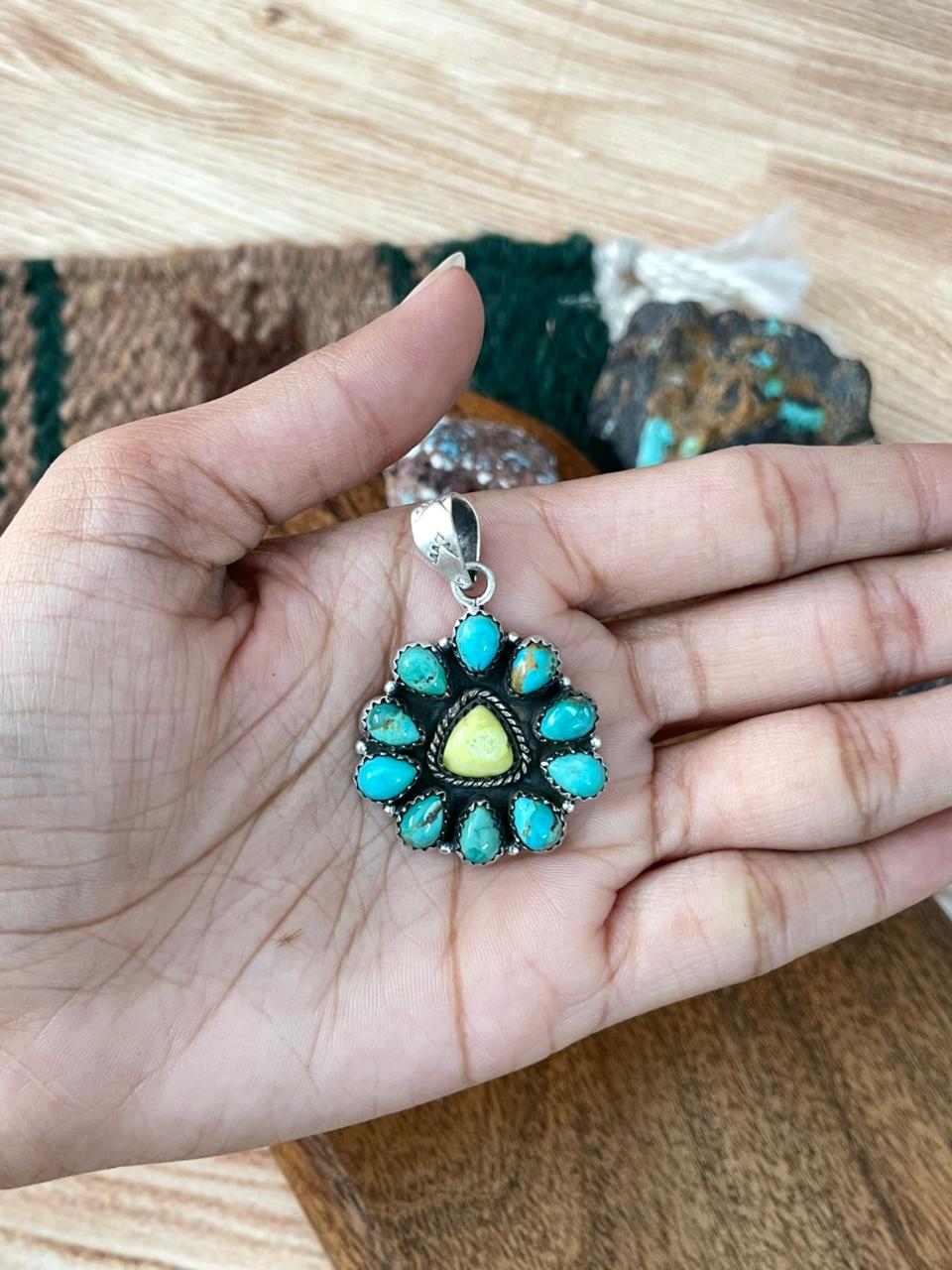Handmade Sterling Silver Palomino with Kingman Turquoise Pendant "Signed Nizhoni"