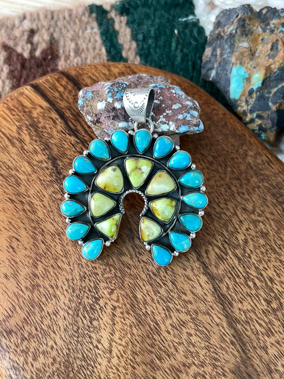 Handmade Sterling Silver Palomino with Kingman Turquoise Naja Pendant "Signed Nizhoni"