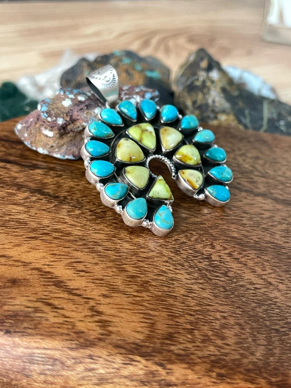 Handmade Sterling Silver Palomino with Kingman Turquoise Naja Pendant "Signed Nizhoni"