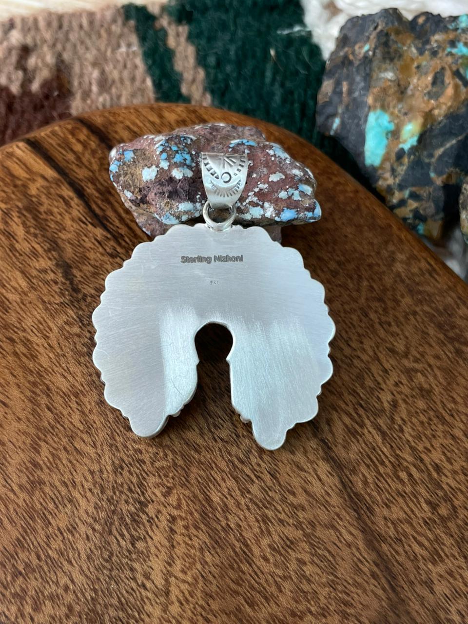 Handmade Sterling Silver Palomino with Kingman Turquoise Naja Pendant "Signed Nizhoni"