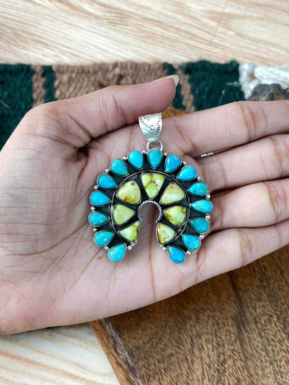Handmade Sterling Silver Palomino with Kingman Turquoise Naja Pendant "Signed Nizhoni"