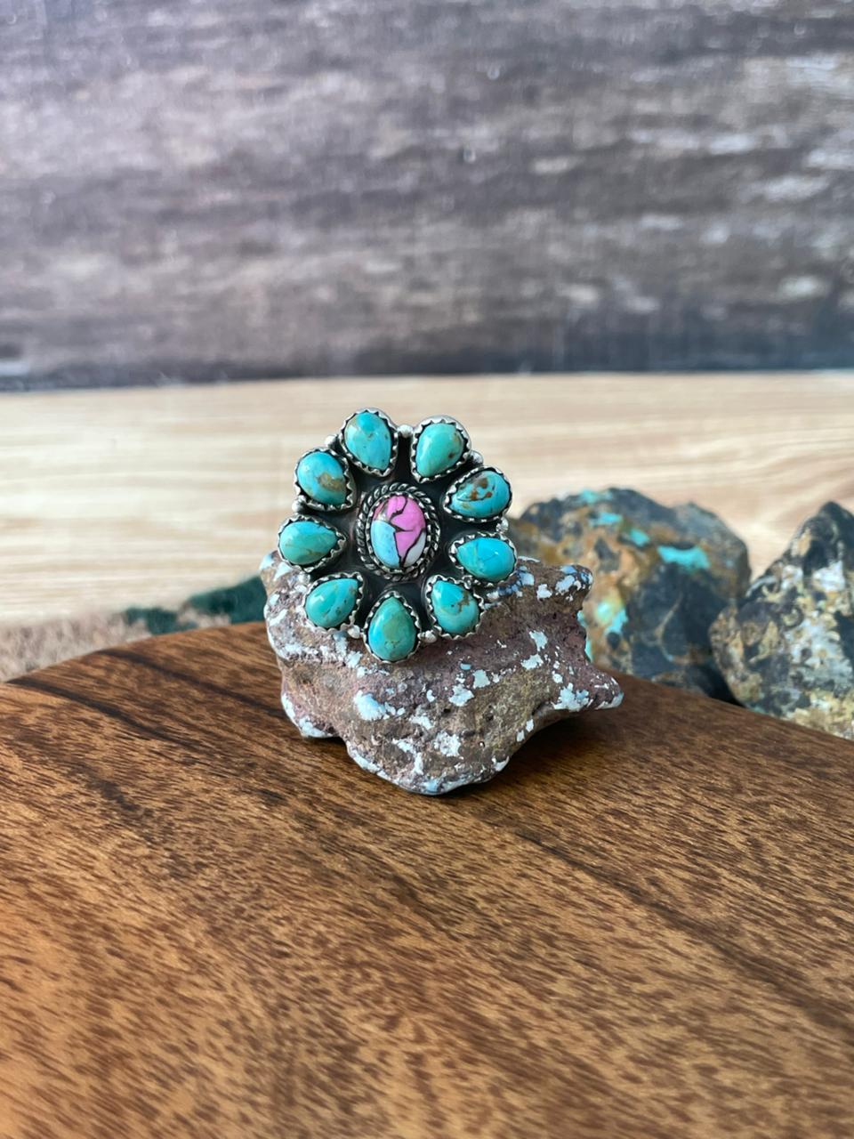 Handmade Sterling Silver Cotton Candy with Kingman Turquoise Adjustable Ring "Signed Nizhoni"