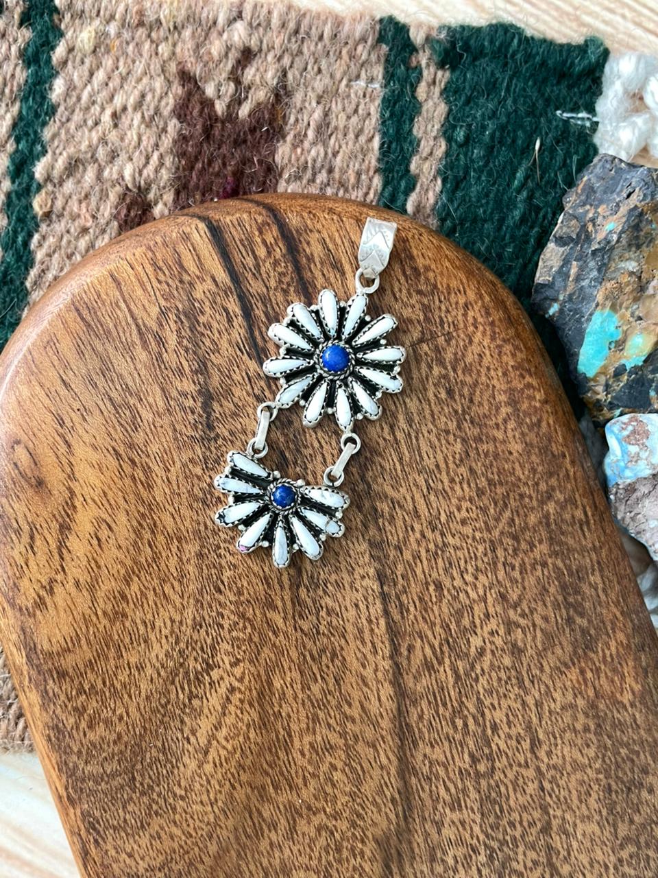 Handmade Sterling Silver White Buffalo with Lapis Pendant "Signed Nizhoni"