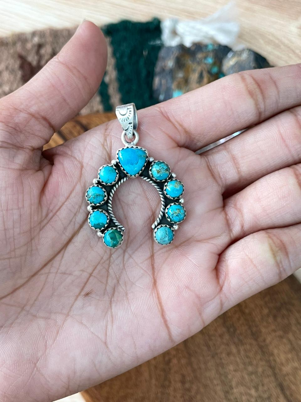 Handmade Sterling Silver Kingman Turquoise Naja Pendant "Signed Nizhoni"