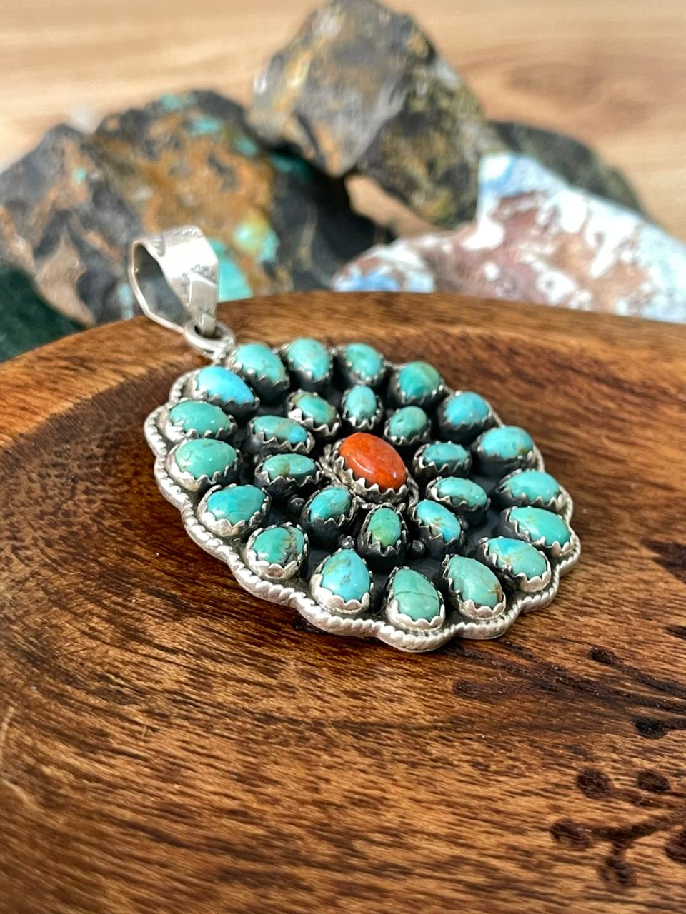 Handmade Sterling Silver Kingman Turquoise with Orange Mojave Pendant "Signed Nizhoni"