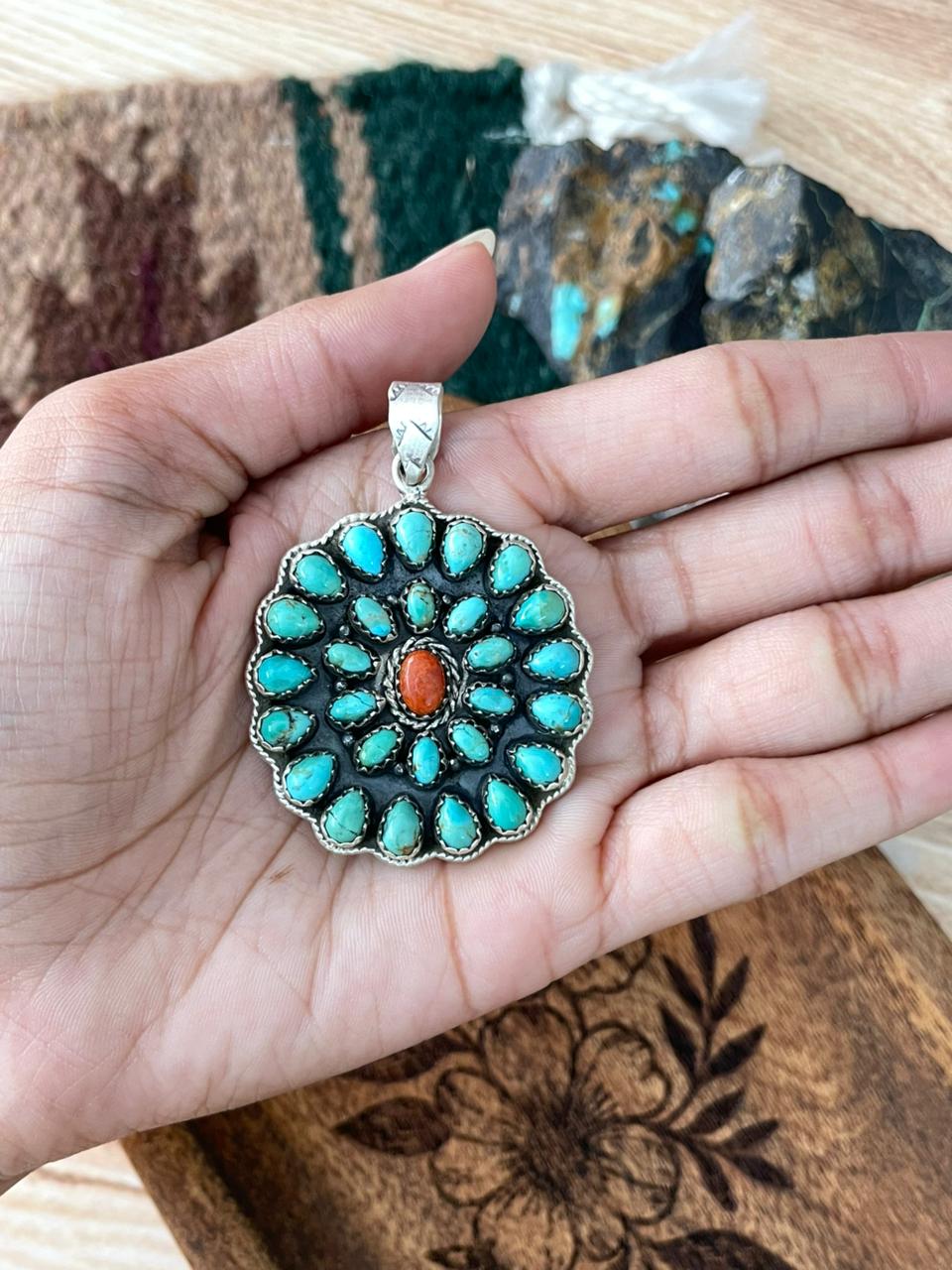 Handmade Sterling Silver Kingman Turquoise with Orange Mojave Pendant "Signed Nizhoni"
