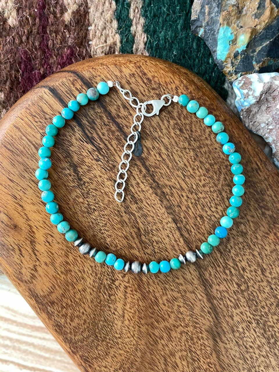 Handmade Sterling Silver Kingman Turquoise Beaded Anklet "Signed Nizhoni"