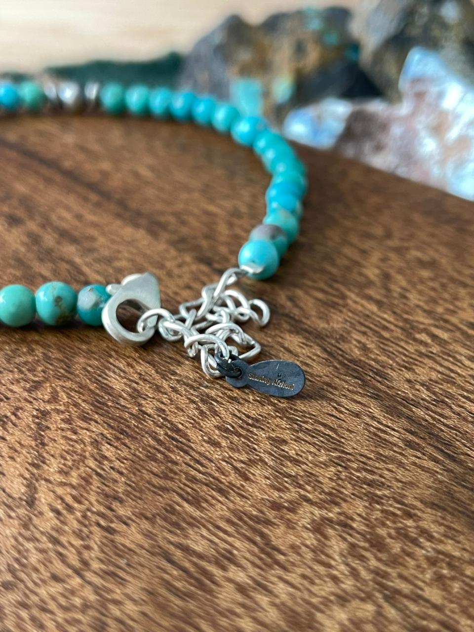 Handmade Sterling Silver Kingman Turquoise Beaded Anklet "Signed Nizhoni"