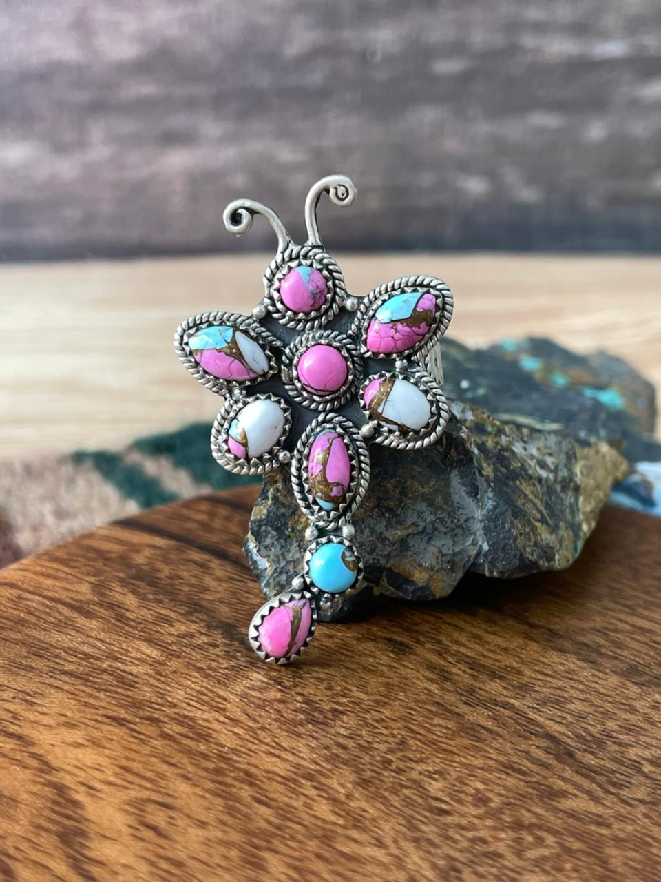 Handmade Sterling Silver Cotton Candy Butterfly Adjustable Ring "Signed Nizhoni"