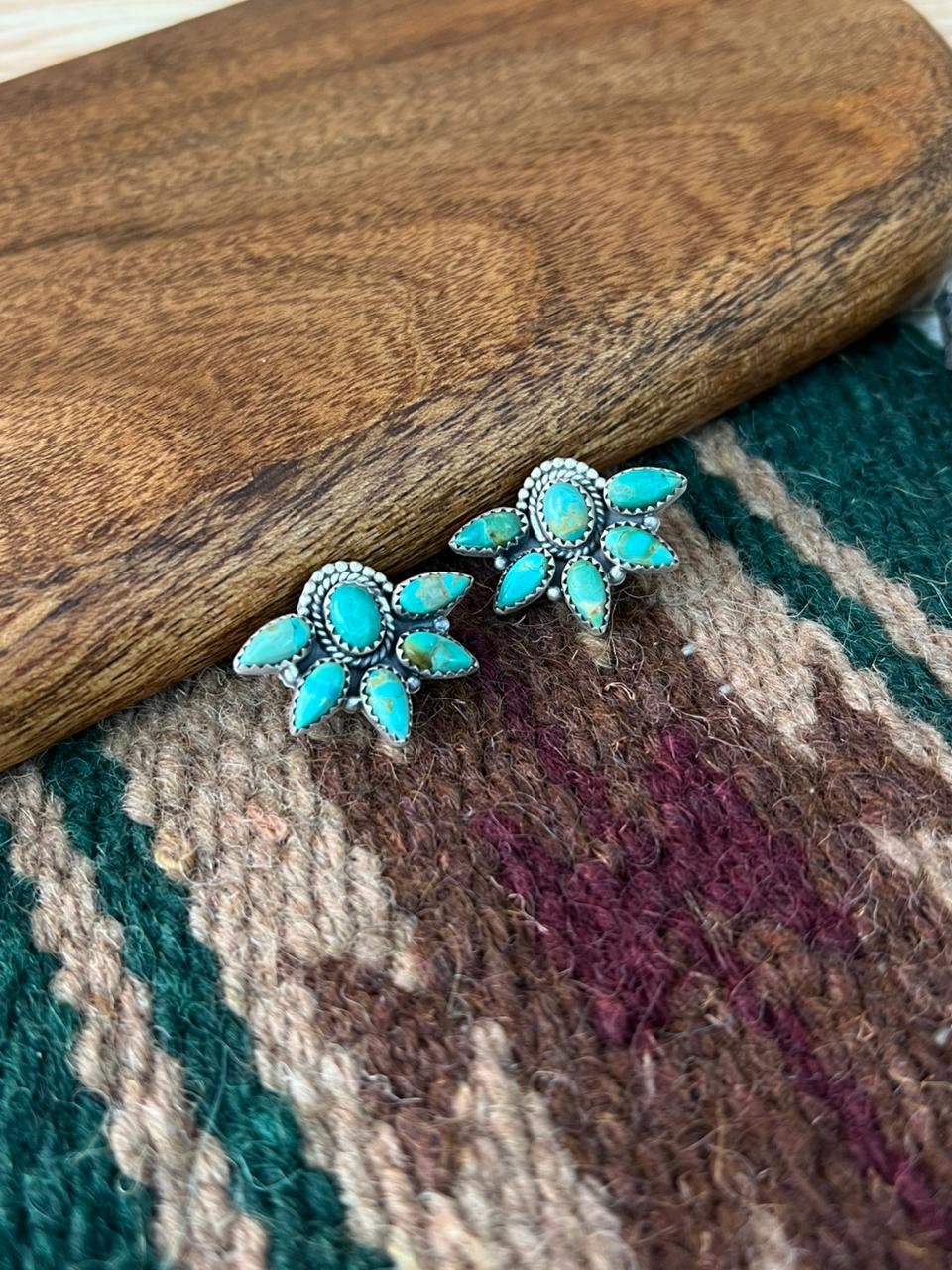 Handmade Sterling Silver Kingman Turquoise Post Studs Earrings "Signed Nizhoni"