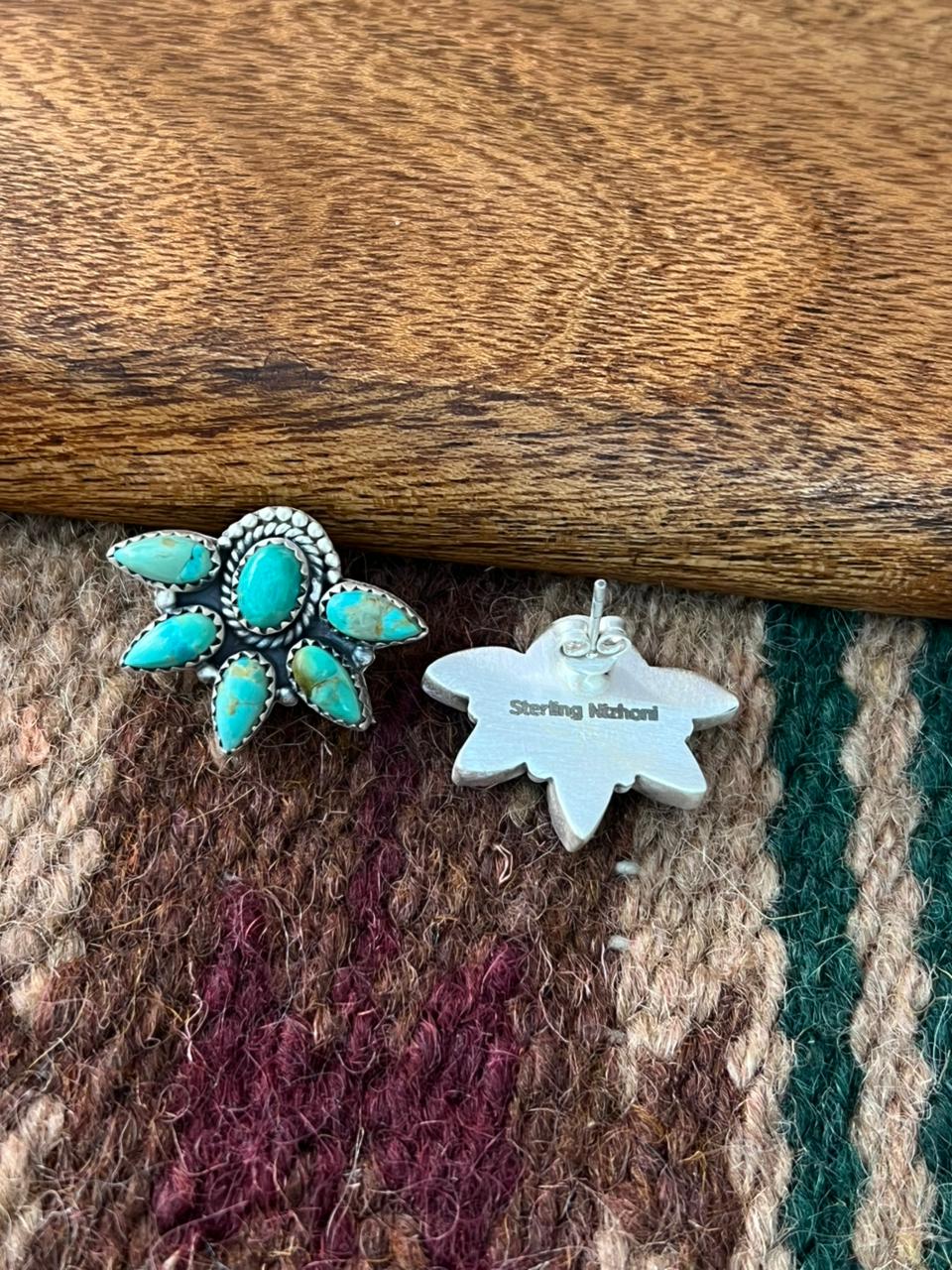 Handmade Sterling Silver Kingman Turquoise Post Studs Earrings "Signed Nizhoni"