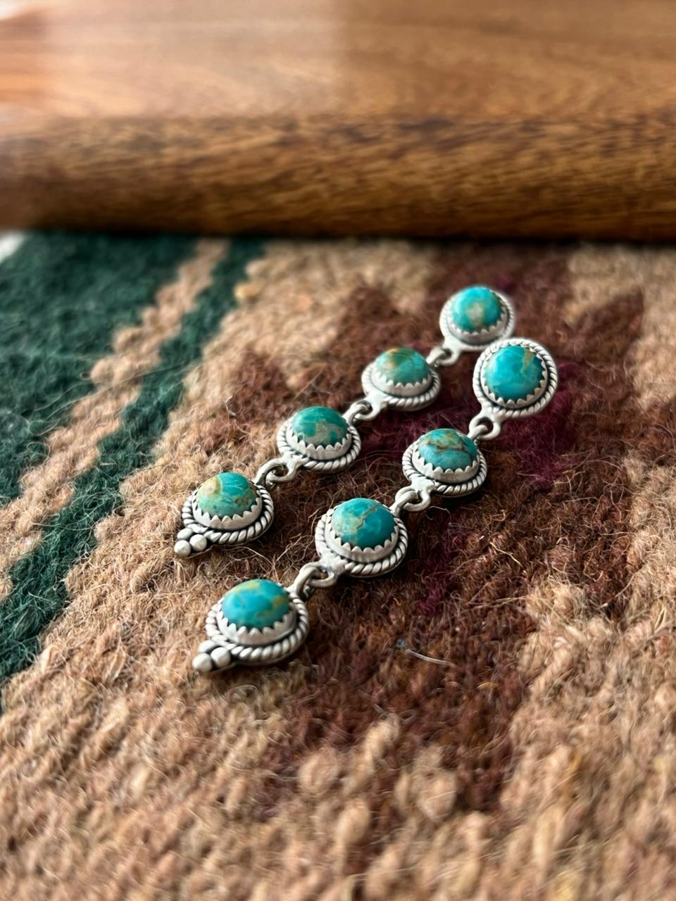 Handmade Sterling Silver Kingman Turquoise Post Dangle Earrings "Signed Nizhoni"