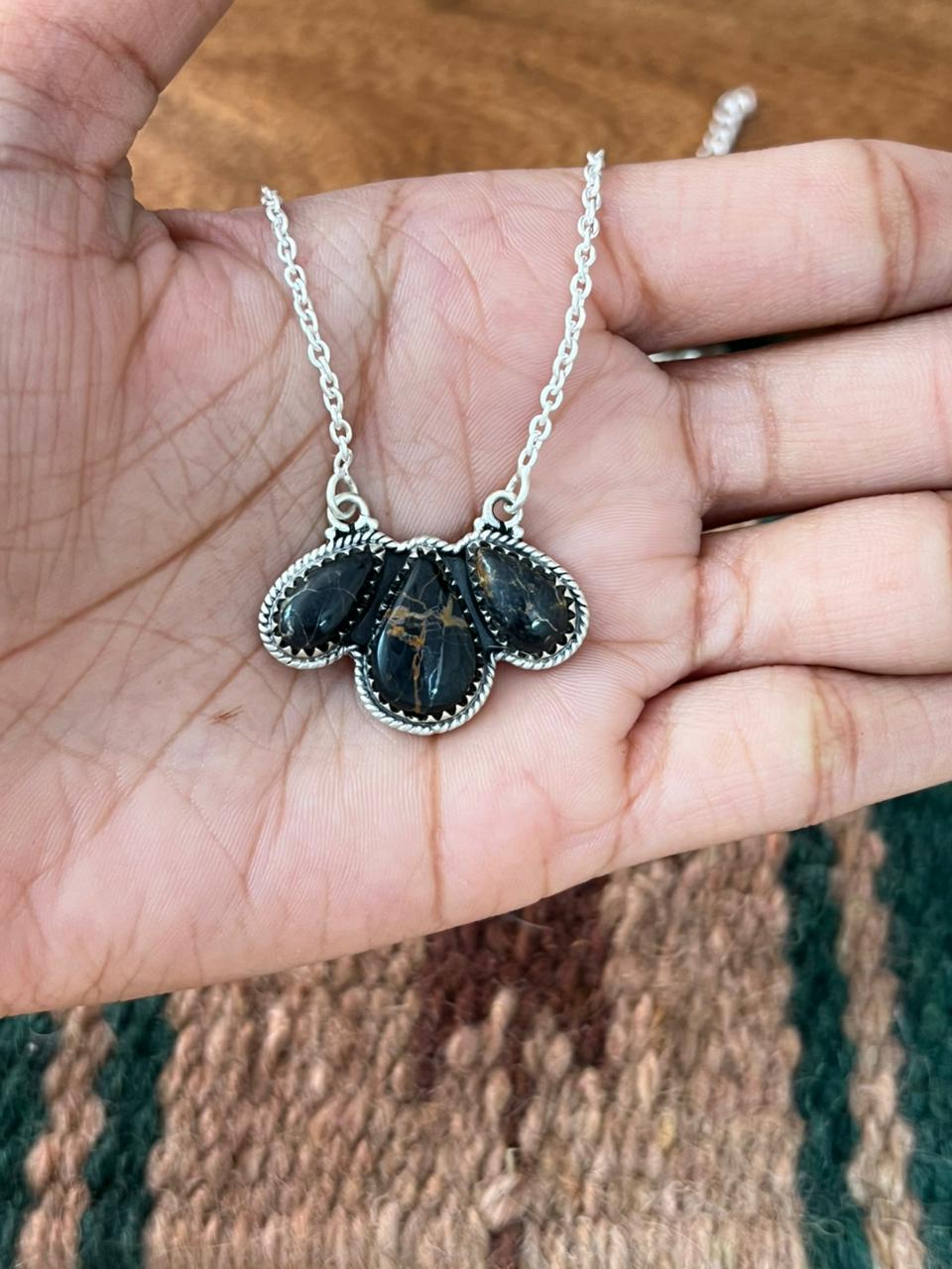 Handmade Sterling Silver Blackjack Turquoise Necklace "Signed Nizhoni"