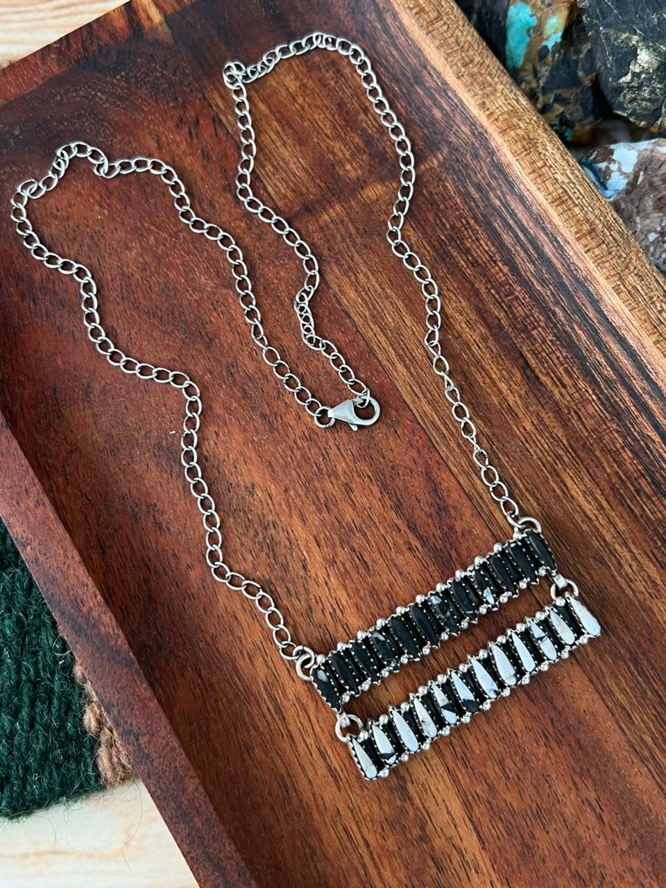 Handmade Sterling Silver White Buffalo Bar Necklace "Signed Nizhoni"
