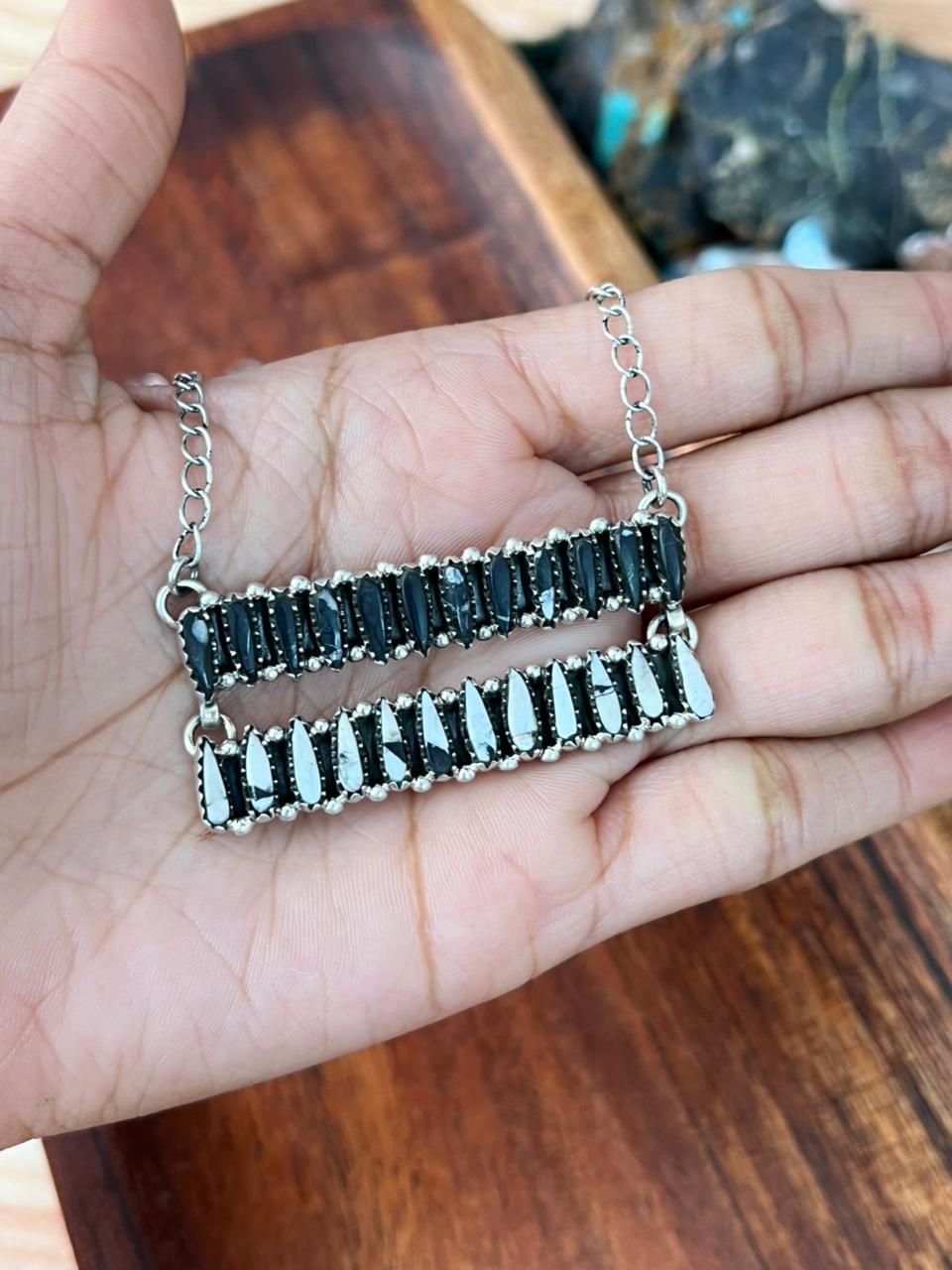 Handmade Sterling Silver White Buffalo Bar Necklace "Signed Nizhoni"