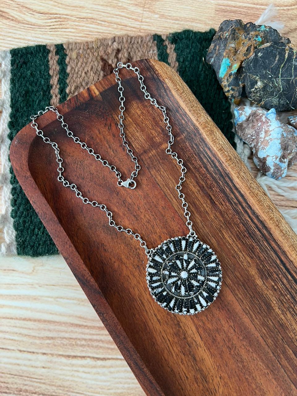 Handmade Sterling Silver needlepoint White Buffalo Necklace "Signed Nizhoni"