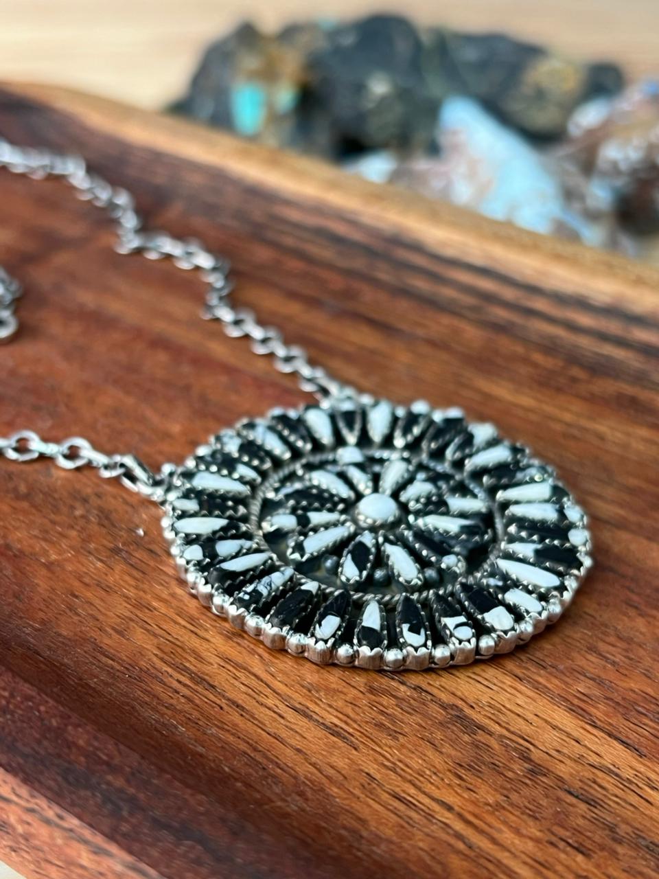 Handmade Sterling Silver needlepoint White Buffalo Necklace "Signed Nizhoni"