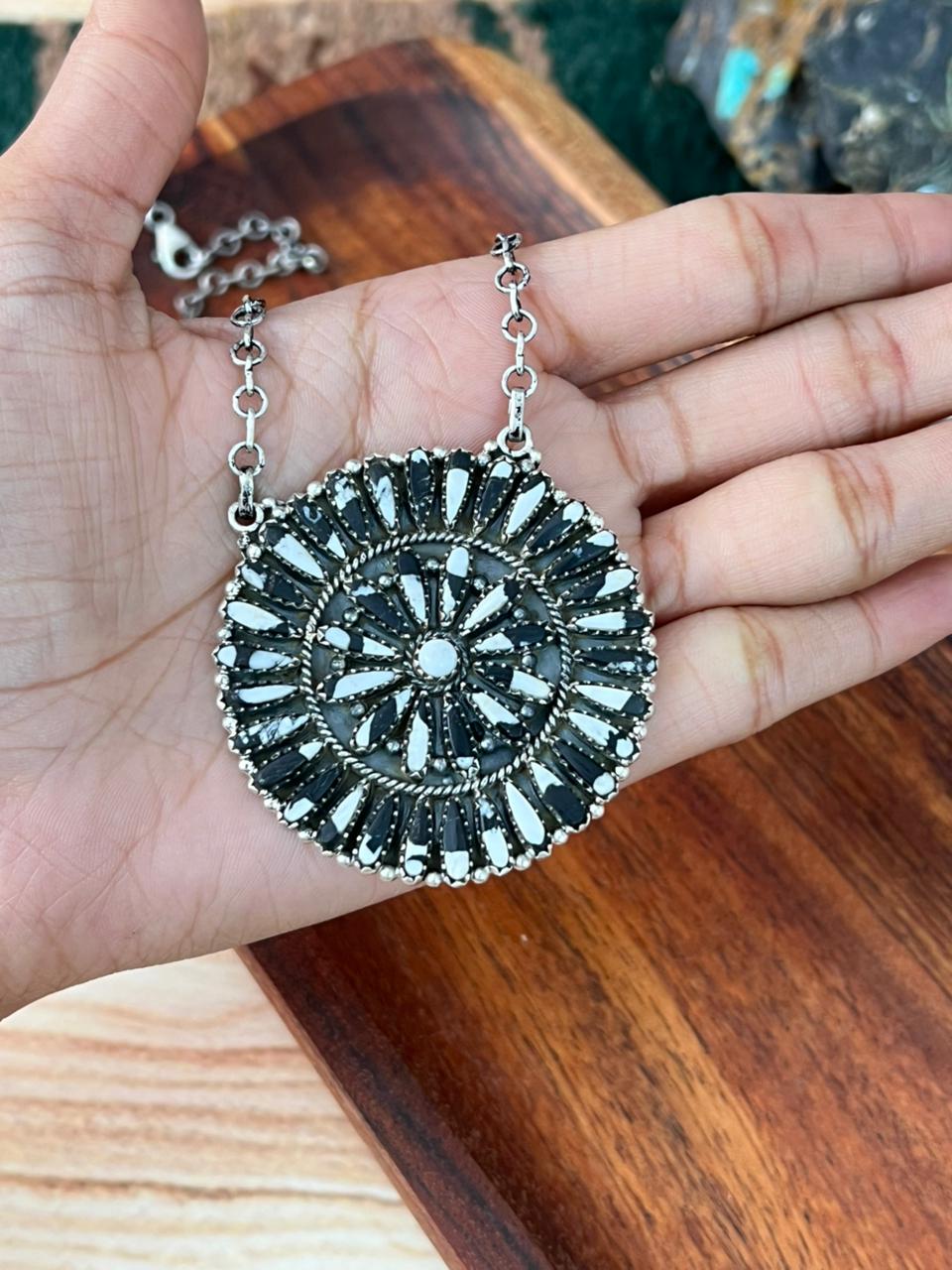 Handmade Sterling Silver needlepoint White Buffalo Necklace "Signed Nizhoni"