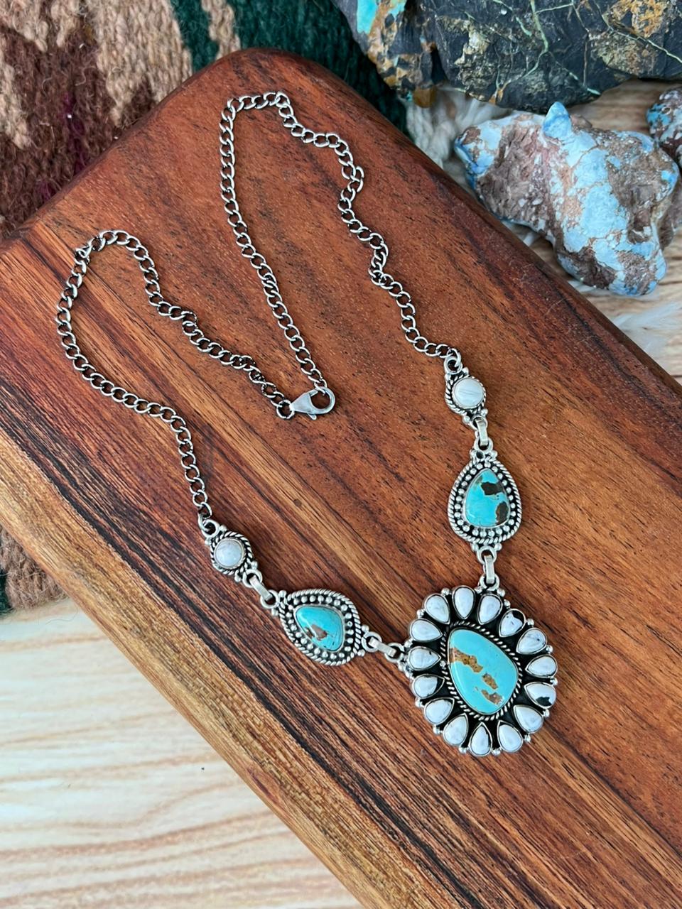 Handmade Sterling Silver White Buffalo with Royston Turquoise Necklace "Signed Nizhoni"