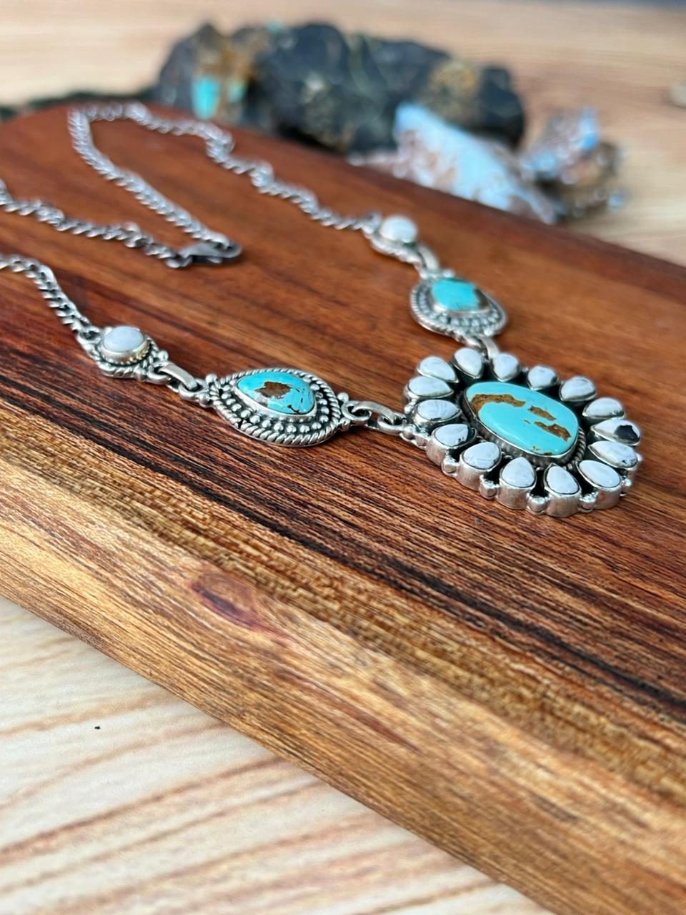 Handmade Sterling Silver White Buffalo with Royston Turquoise Necklace "Signed Nizhoni"