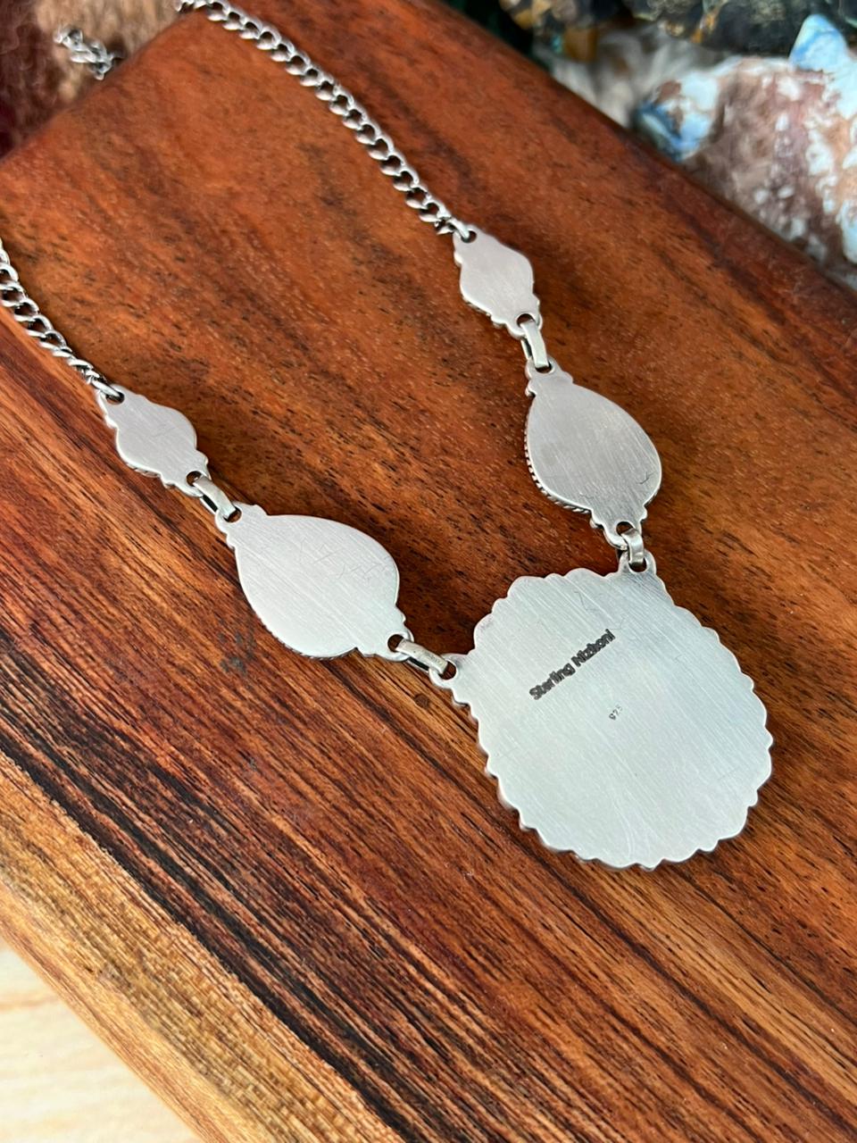 Handmade Sterling Silver White Buffalo with Royston Turquoise Necklace "Signed Nizhoni"
