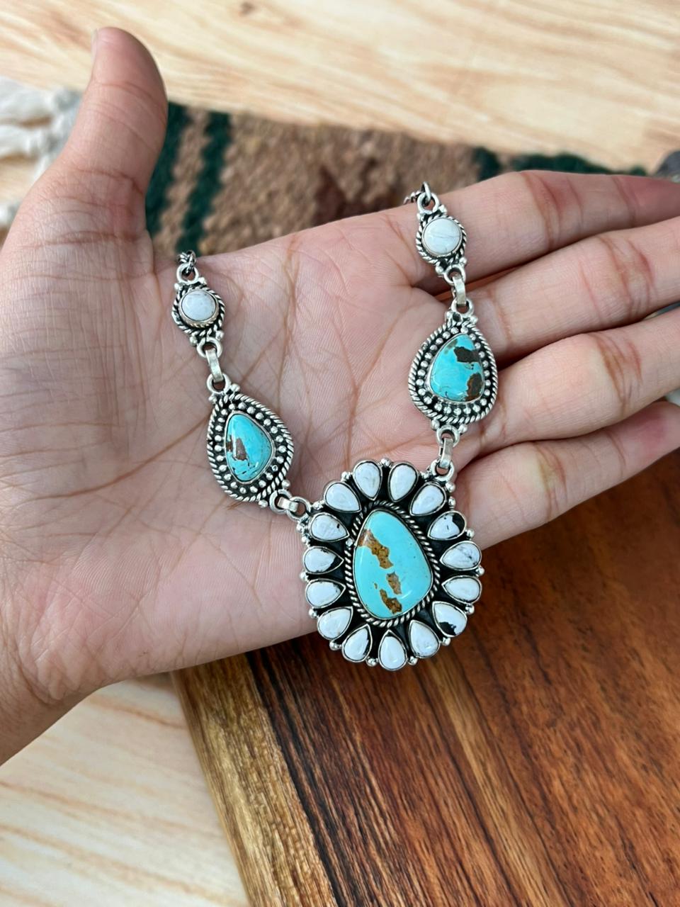 Handmade Sterling Silver White Buffalo with Royston Turquoise Necklace "Signed Nizhoni"