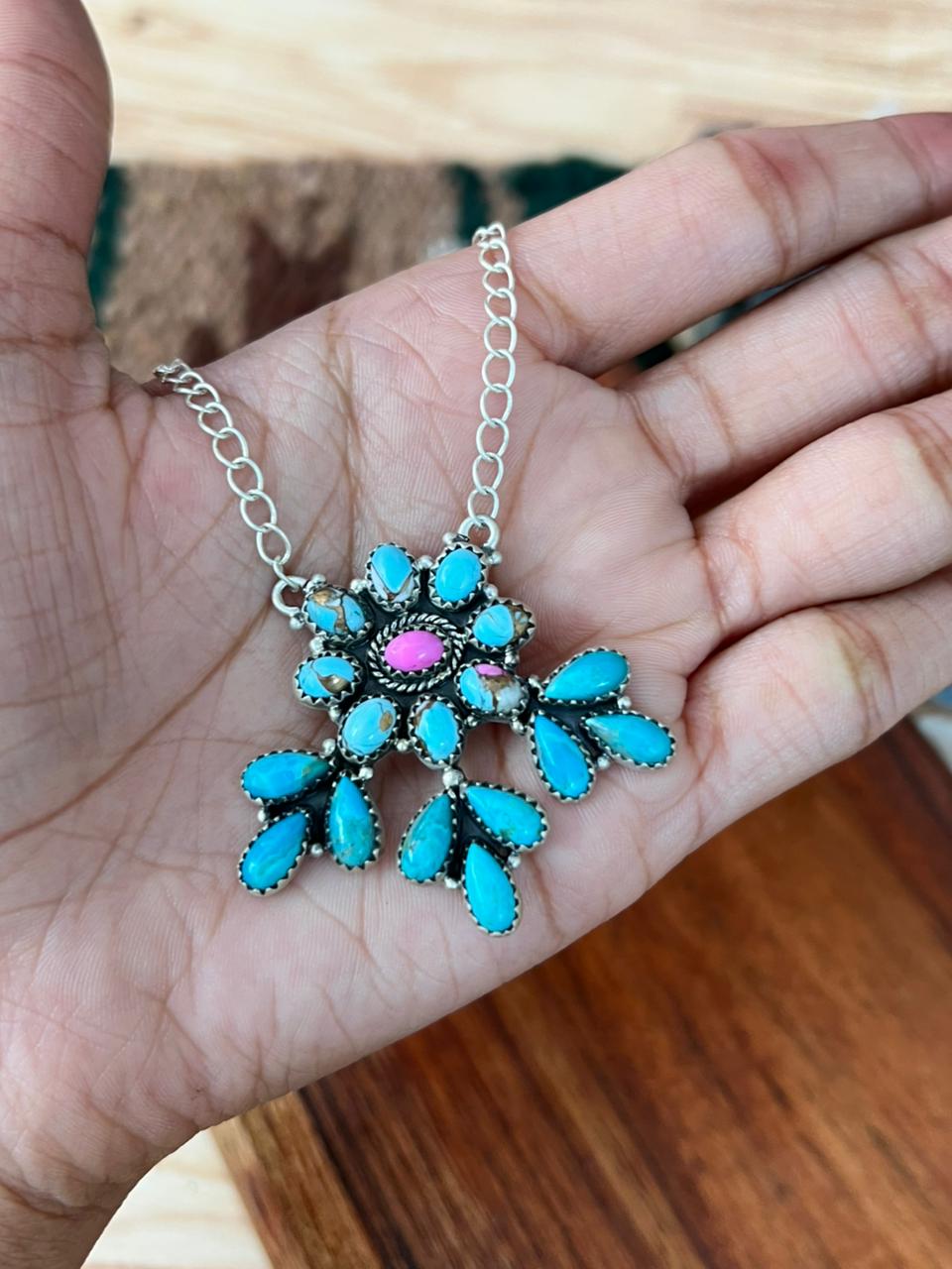 Handmade Sterling Silver Kingman Turquoise with Cotton Candy Necklace "Signed Nizhoni"