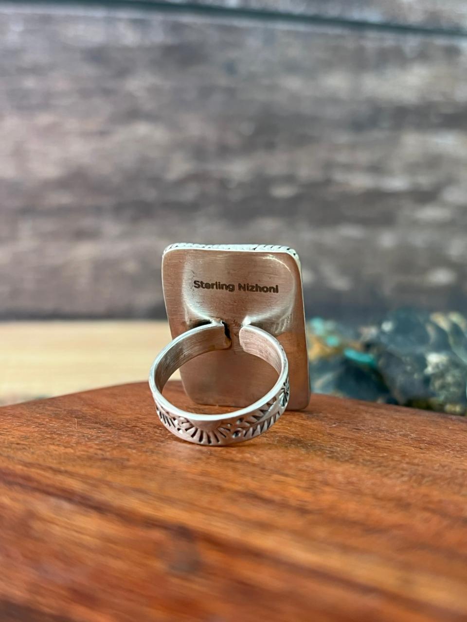 Handmade Sterling Silver Matrix Golden Hills Turquoise Adjustable Ring "Signed Nizhoni"