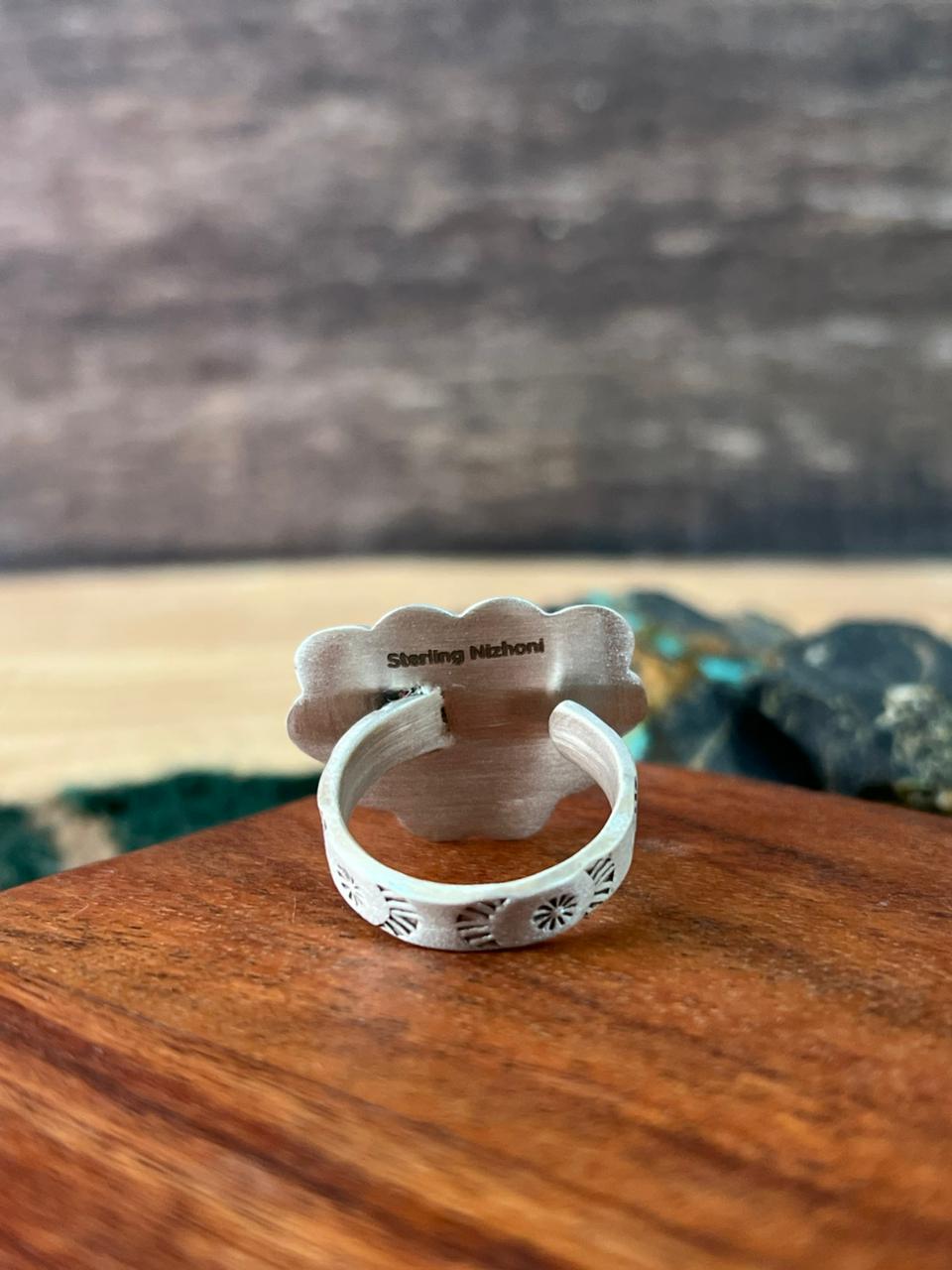 Handmade Sterling Silver Manassa Turquoise Heart Adjustable Ring "Signed Nizhoni"