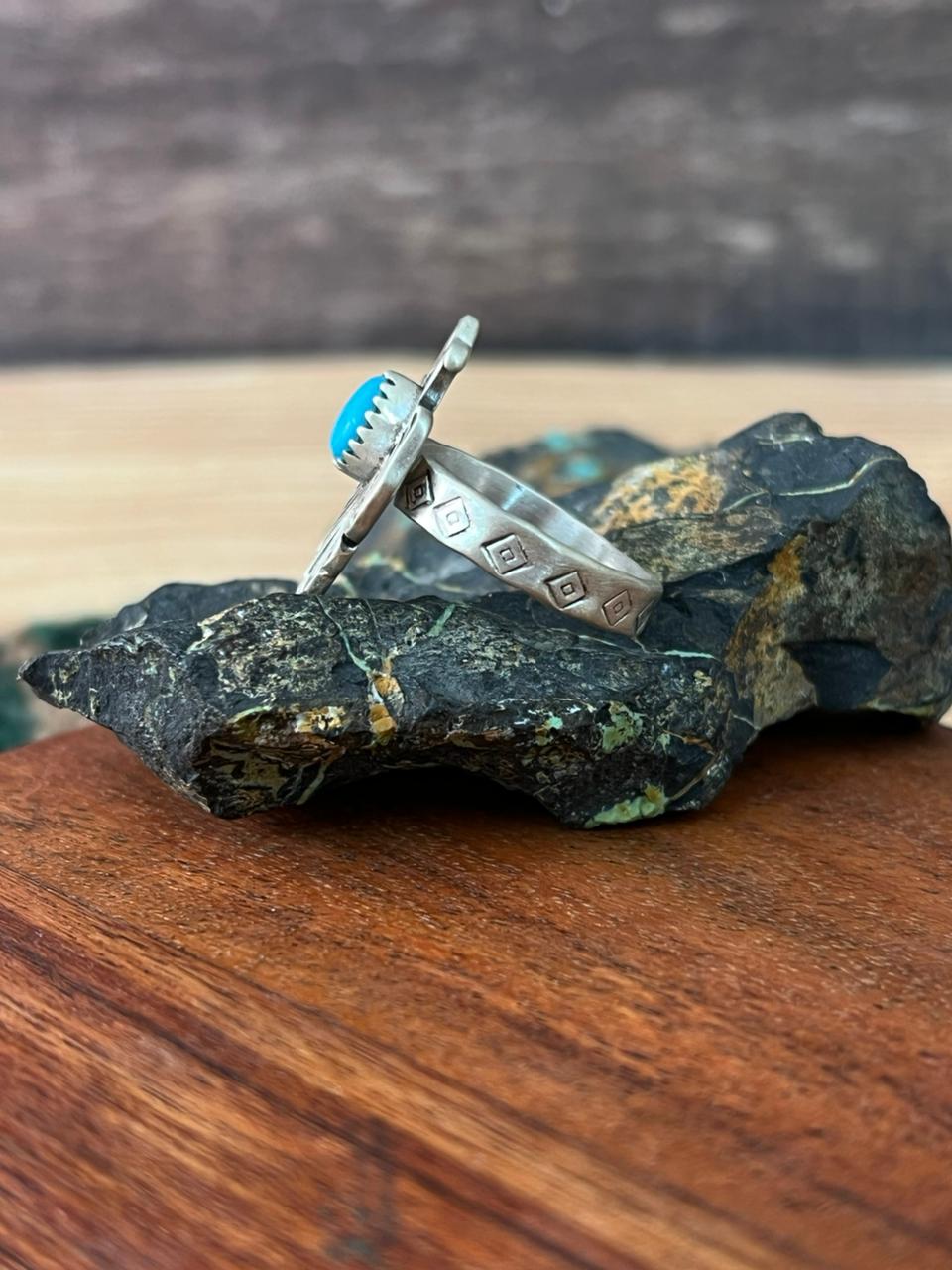 Handmade Sterling Silver Kingman Turquoise Thunderbird Adjustable Ring "Signed Nizhoni"