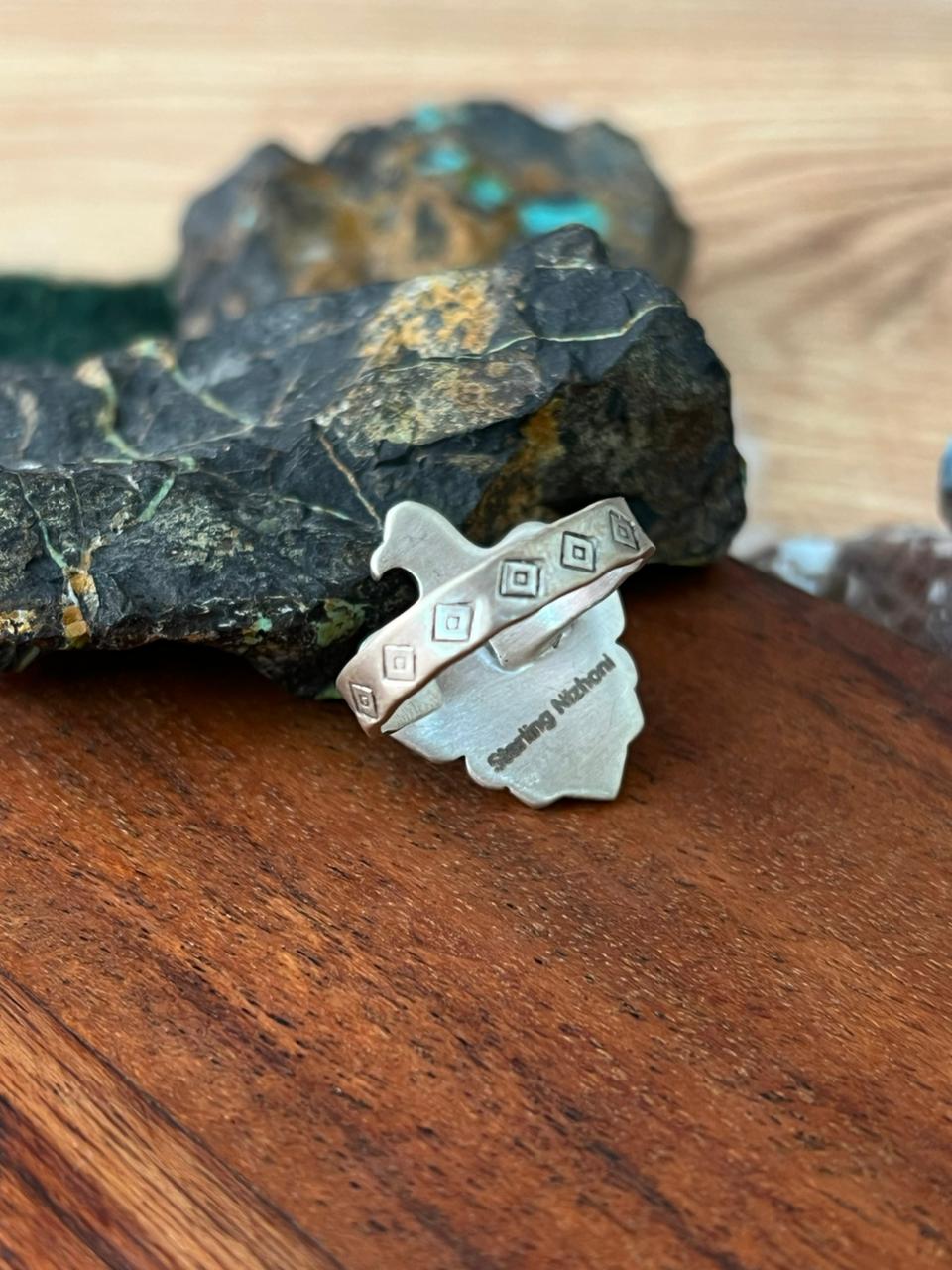 Handmade Sterling Silver Kingman Turquoise Thunderbird Adjustable Ring "Signed Nizhoni"