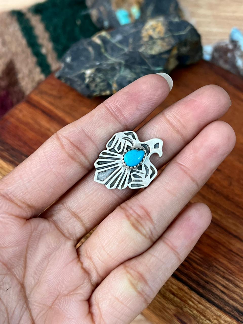 Handmade Sterling Silver Kingman Turquoise Thunderbird Adjustable Ring "Signed Nizhoni"