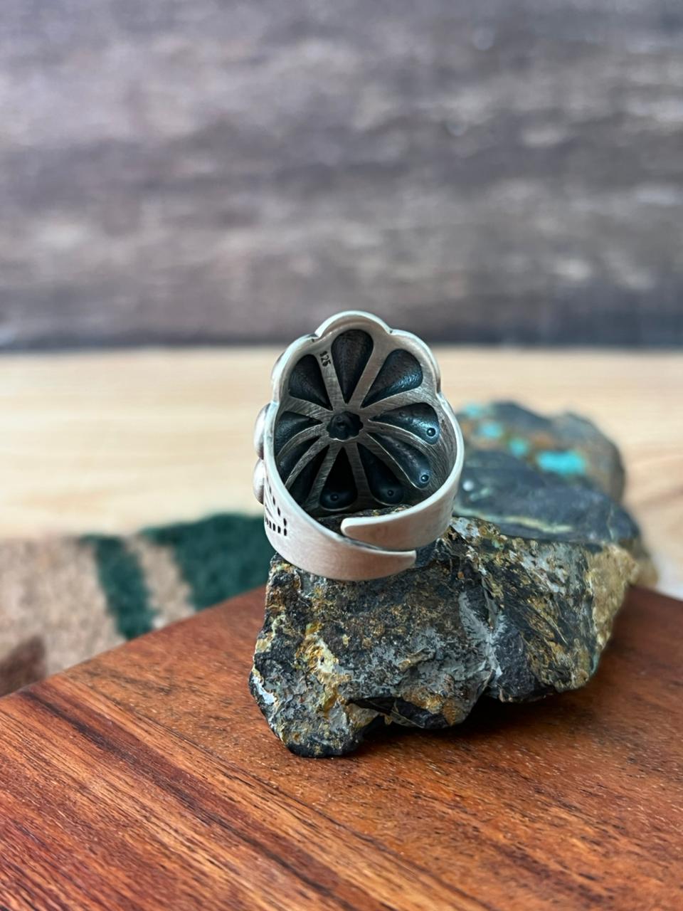 Handmade Sterling Silver Adjustable Flower Concho Ring "Signed Nizhoni"