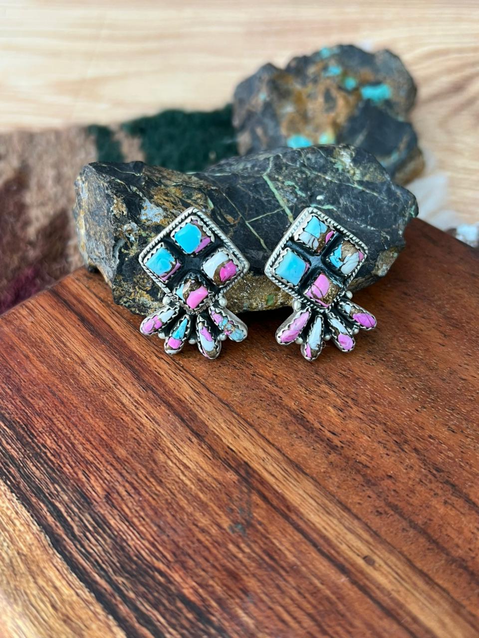 Handmade Sterling Silver Cotton Candy Post Studs Earrings "Signed Nizhoni"