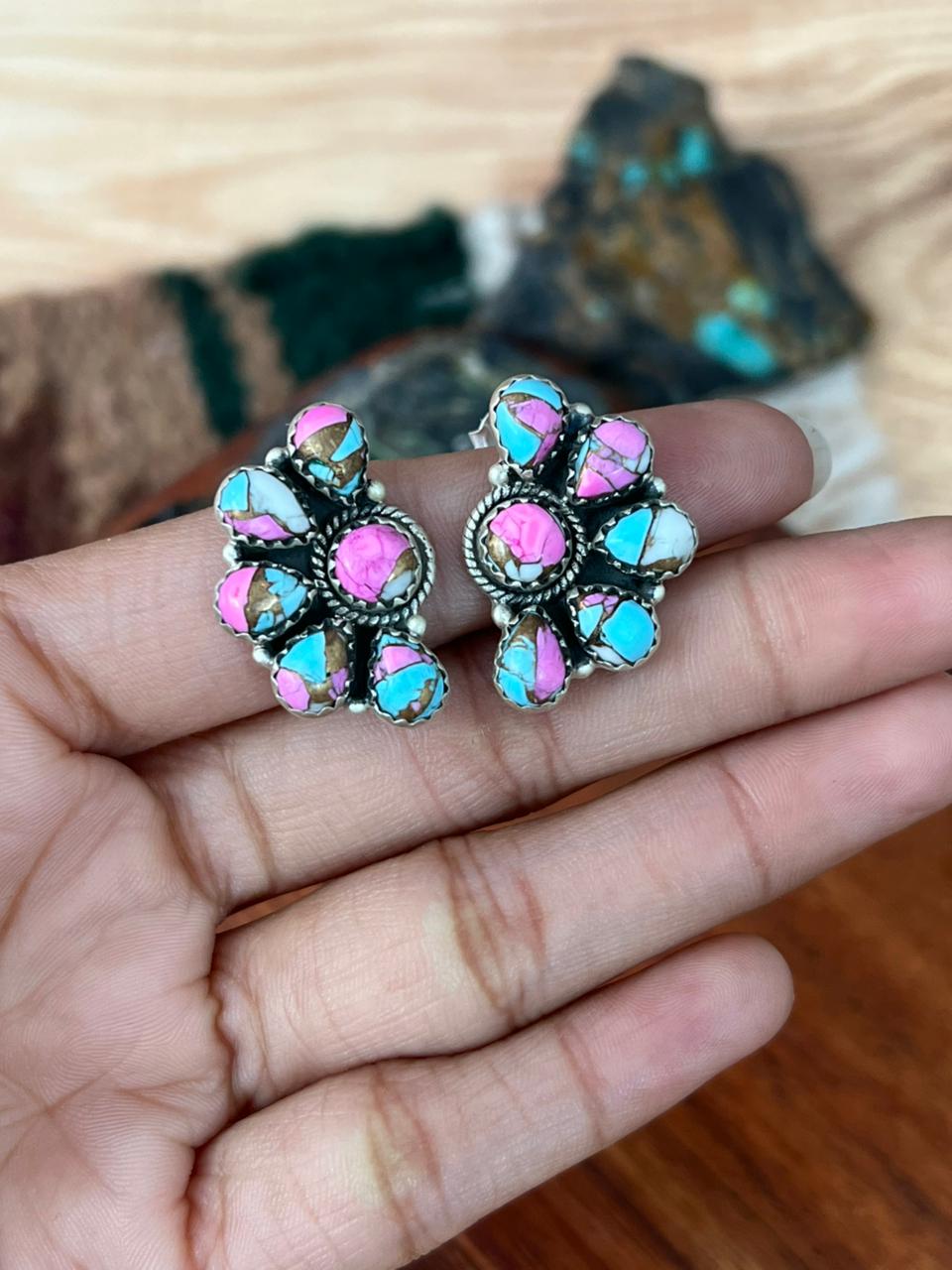 Handmade Sterling Silver Cotton Candy Post Studs Earrings "Signed Nizhoni"