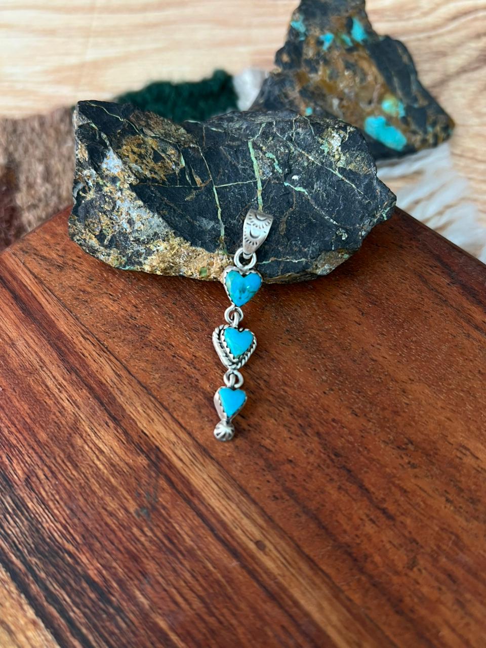 Handmade Sterling Silver Kingman Turquoise Heart Pendant "Signed Nizhoni"