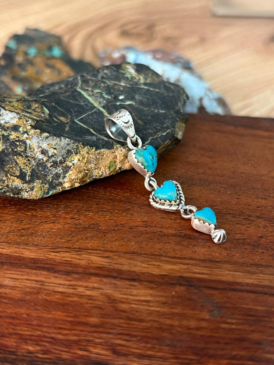 Handmade Sterling Silver Kingman Turquoise Heart Pendant "Signed Nizhoni"