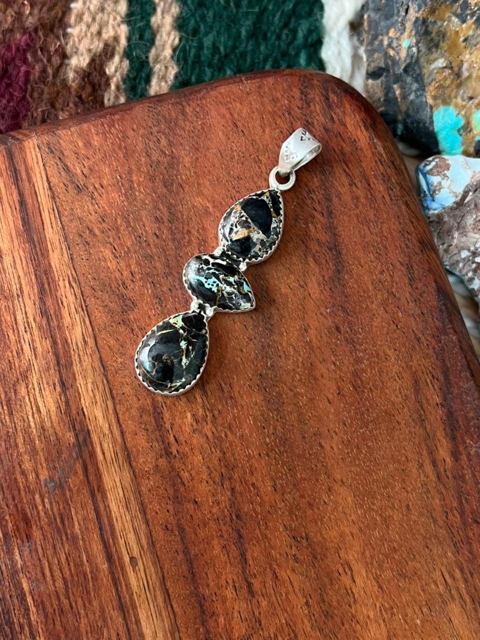 Handmade Sterling Silver Blackjack Turquoise Pendant "Signed Nizhoni"