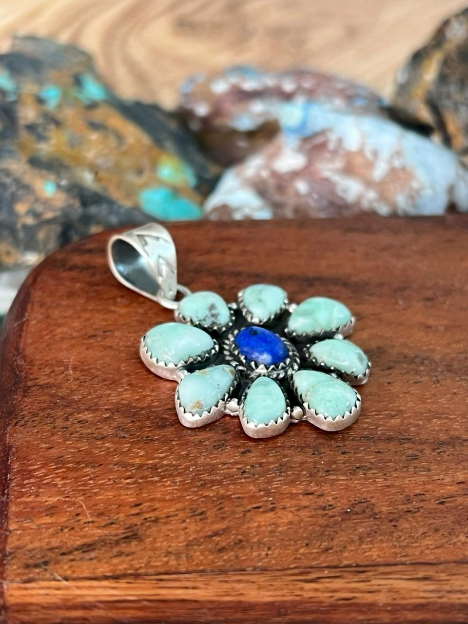 Handmade Sterling Silver Paloma Turquoise with Lapis Pendant "Signed Nizhoni"