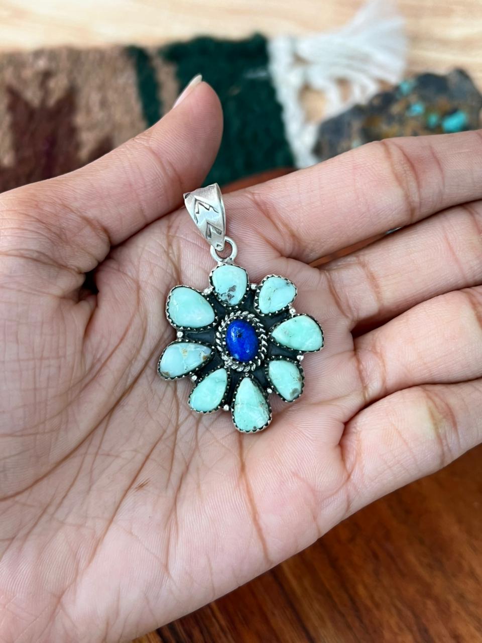Handmade Sterling Silver Paloma Turquoise with Lapis Pendant "Signed Nizhoni"