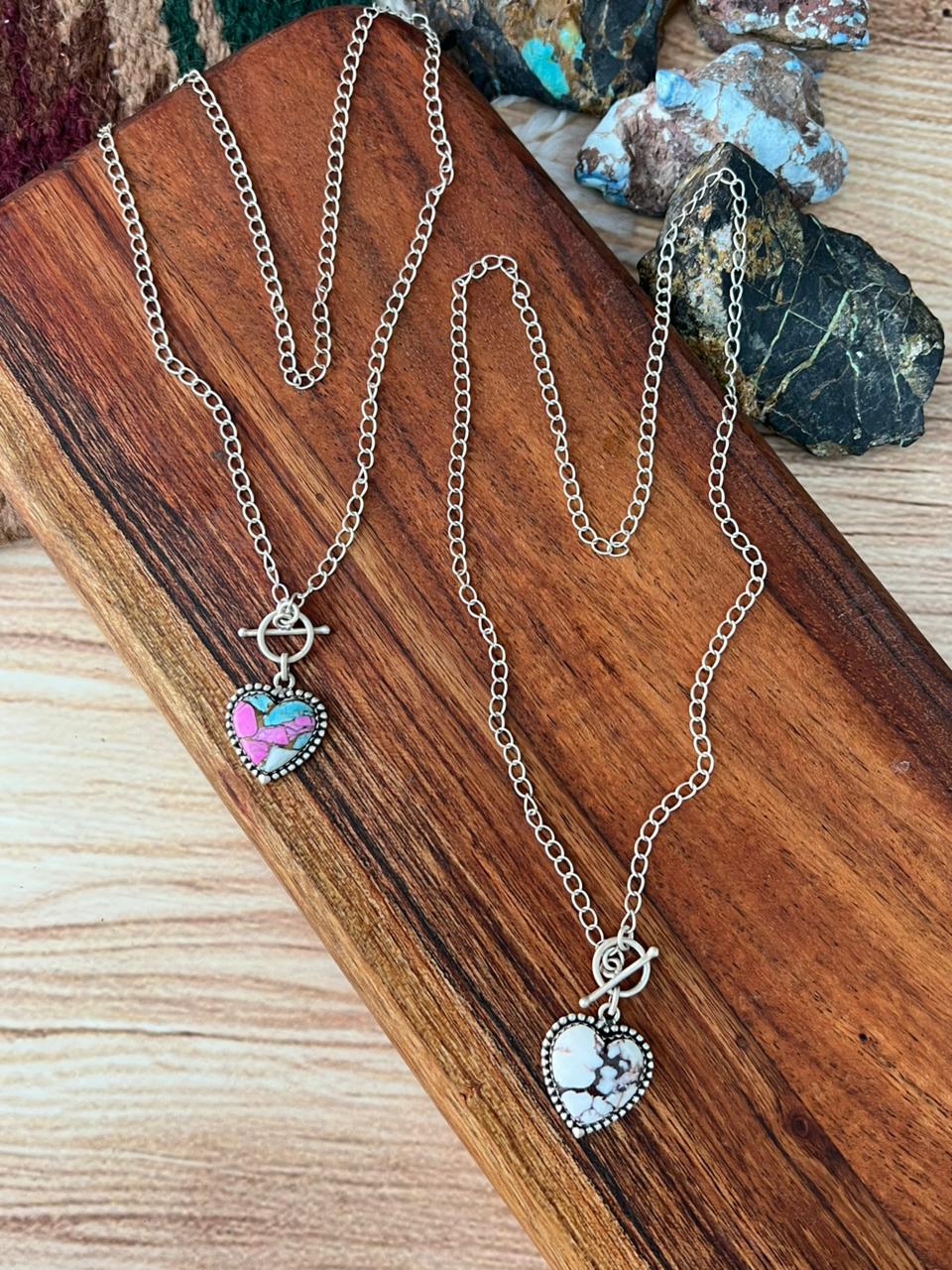 Handmade Sterling Silver Cotton Candy and Wildhorse Magnesite Heart Necklace "Signed Nizhoni"
